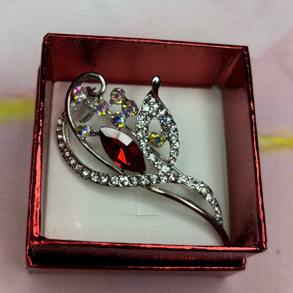 Elegant Silver Tone and Red Gemstone Brooch with box